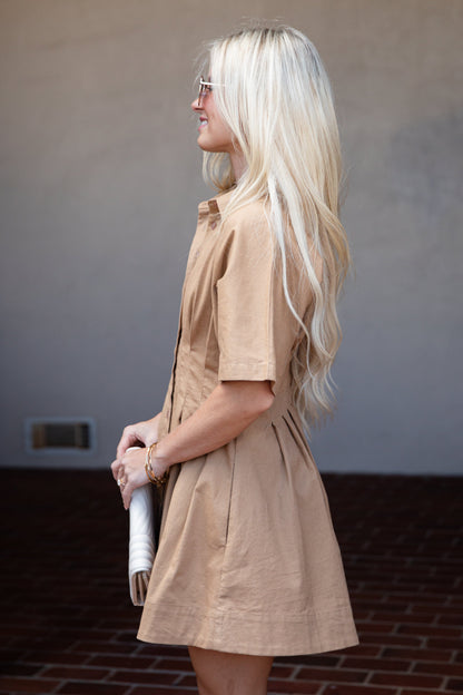 Chestnut Lane Taupe Button-Up Pleated Mini Dress