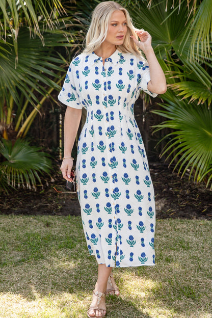 FINAL SALE - French Florals White Printed Midi Dress