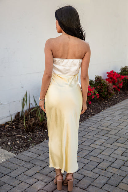 FINAL SALE - Unforgettable Entrance Yellow Bow Satin Midi Dress