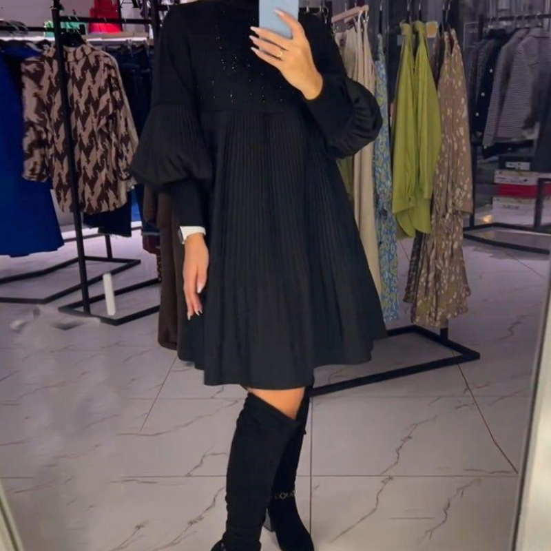 Marlene | Plus-Size Dress with Stand Collar and Lantern Sleeves