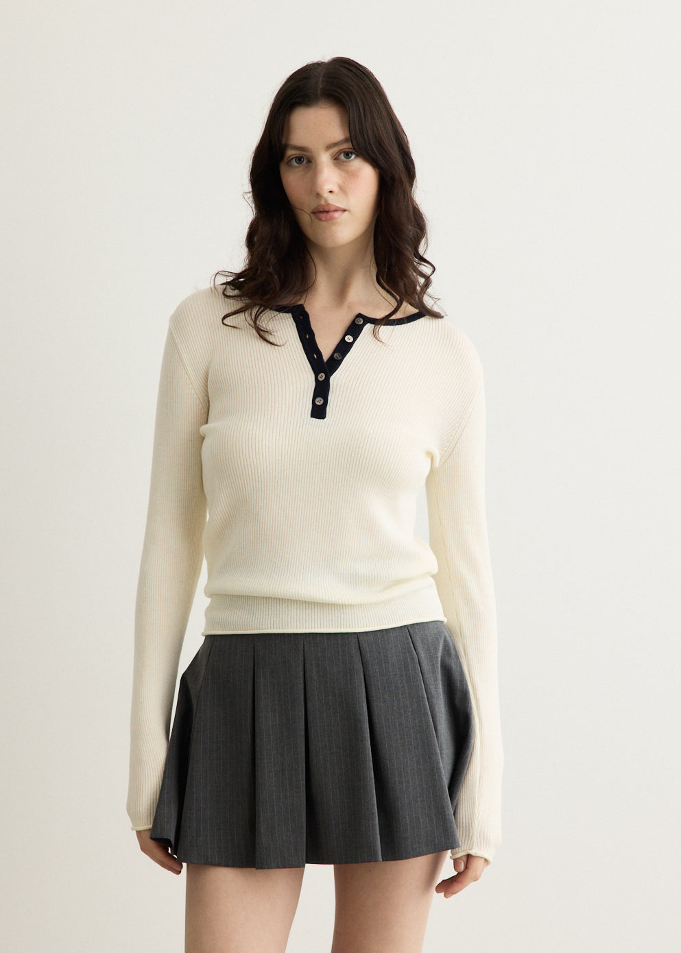 Buttoned Round-Neck Knit Top