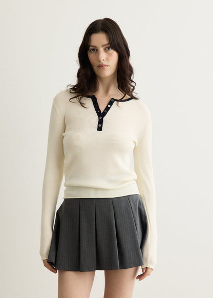 Buttoned Round-Neck Knit Top