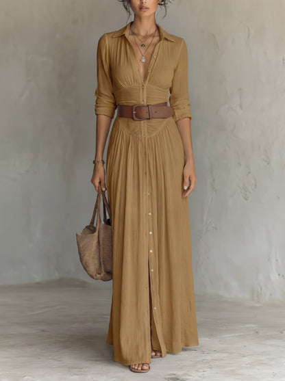 Women's Maxi Shirt Dress with Button Closure and Belt